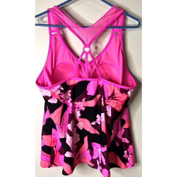 Pink Floral Racerback Tankini Swim Top With Mesh Detail & Built-In Bra - Picture 2 of 4